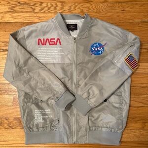 NASA Jacket Mens Gray Reflective Bomber Full Zip Flag Patch USA Space Sz Medium